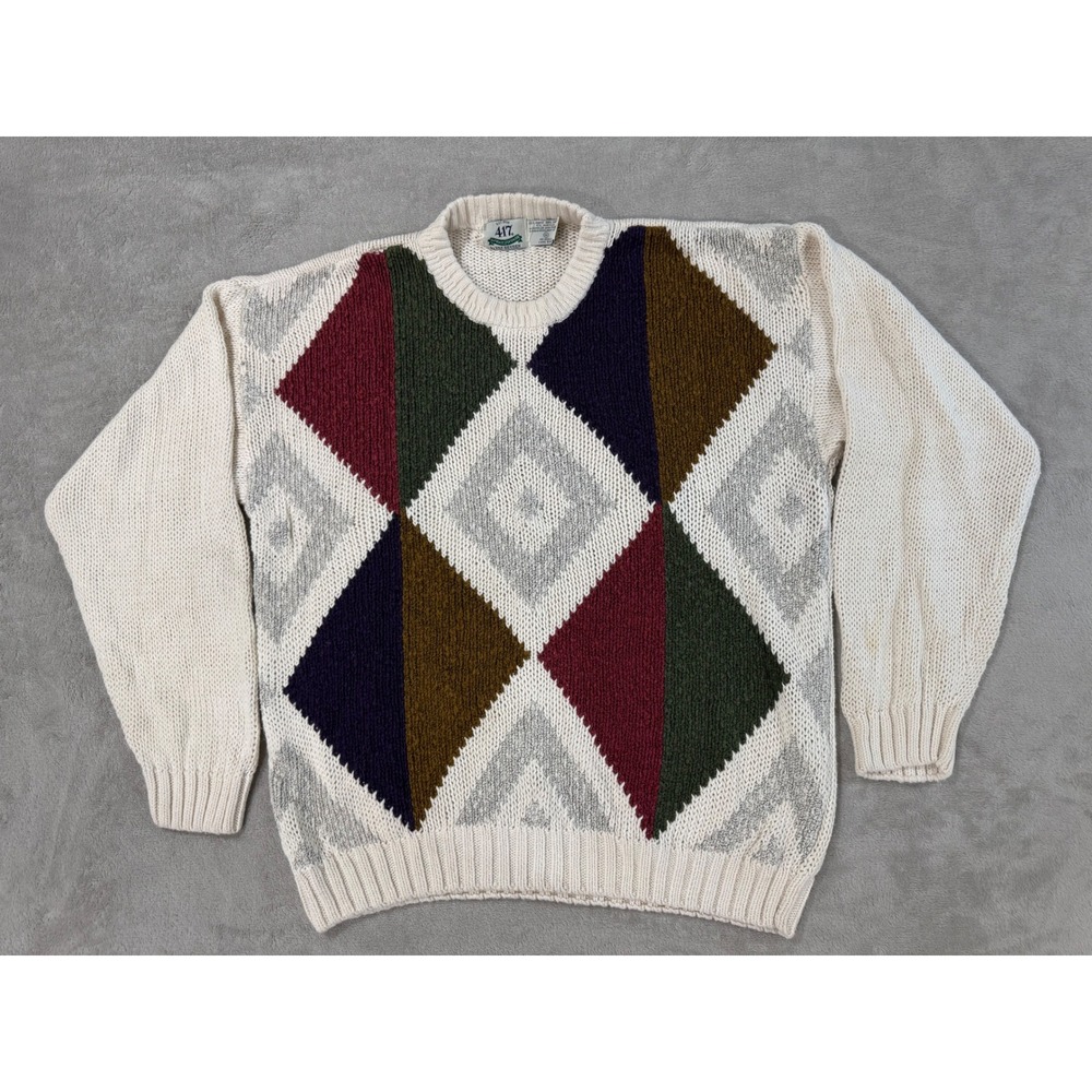Vintage 417 Van Heusen Mens Medium Ramie Cotton Geometric Diamond Knit Sweater